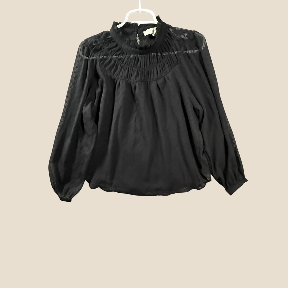 Loft Black Clip Dot Ruffle High Neck Pleated Sheer Long Sleeve Blouse Small